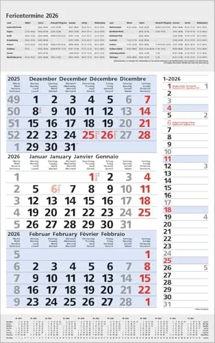 3-Monats-Planer Combi Blau 2026: 3-Monatskalender groß I Wandplaner / Bürokalender mit Datumsschieber, Ferienterminen, Vor-und Nachmonat und Jahresübersicht I extra Streifenplaner I 30 x 47,8 cm
