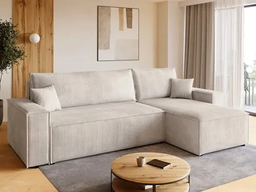 BROMARKT Sofa mit Schlaffunktion Couch L Cordstoff Sofa Bettkasten Schlafsofa für Wohnzimmer Ecksofa freistehend Adi Relaxsofa 3 sitzer 244x143x85 cm Vanilla