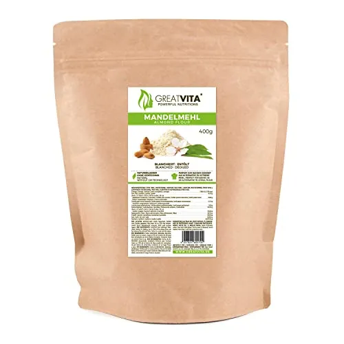 GreatVita Mandelmehl, entölt, blanchiert, 400g, proteinreich, Mandeln zum Backen