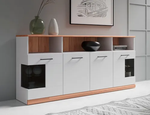 OTTO home Sideboard RIBE20 Fronten massiv,Korpus Melamin, 2 Türen mit Glaseinsatz, B/T/H: 180/35/80cm, schwarze Metall Griffe,2 Türen mit Glaseinsatz