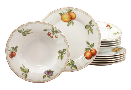 CreaTable 17031 Flora Orchard Geschirrset 12 teilig - Tafelservice aus 12 edlen Porzellanstücken im klassischen Obstdekor, spülmaschinen- und mikrowellengeeignet, ideal für stilvolle Anlässe und den täglichen Gebrauch.