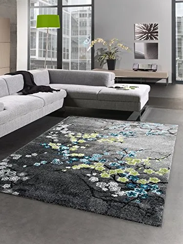 CARPETIA Designer Teppich Kurzflor Wohnzimmerteppich Blumen grau türkis blau Größe 80x150 cm