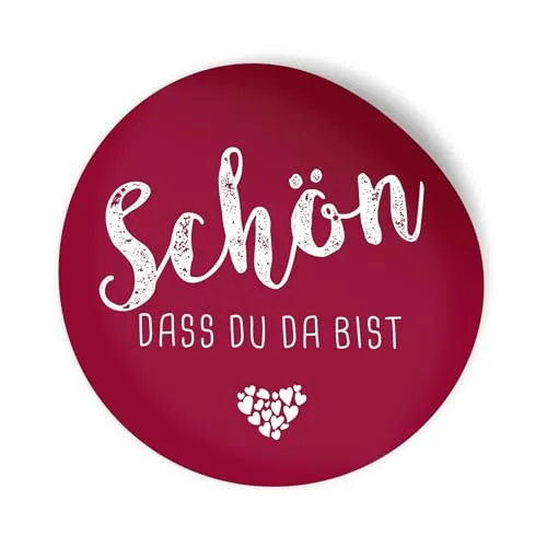 itenga 24x Sticker Schön dass du da bist Aufkleber rund 4cm selbstklebend - Sticker ideal für Gastgeschenk (bordeaux rot)