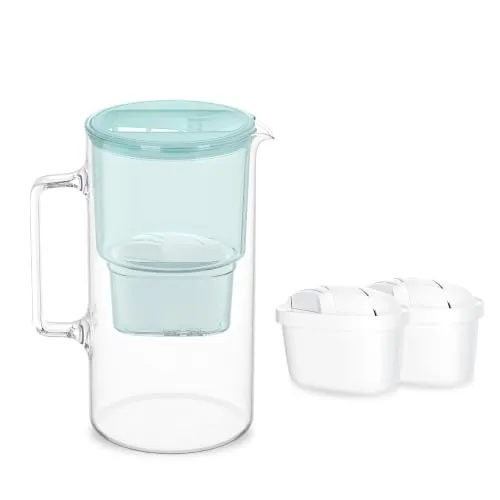 Wessper Wasserfilter Kanne Glas 3 L, Set Wasserkanne und 2 Filterkartuschen, Kompatibel mit Brita Maxtra, Wasserkaraffe für Trinkwasser mit Ersatz Filter - Minze