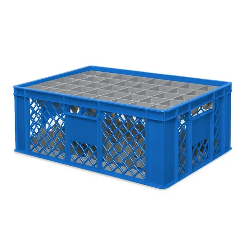 BRB-Lagertechnik Gläserkiste 600x400 mm für 40 Gläser - Dekokörbe für die übersichtliche Lagerung, Reinigung und den Transport von bis zu 40 Gläsern bis 205 mm Höhe. Spülmaschinenfest, aus lebensmittelechtem Kunststoff, mit praktischen Durchfassgriffen.