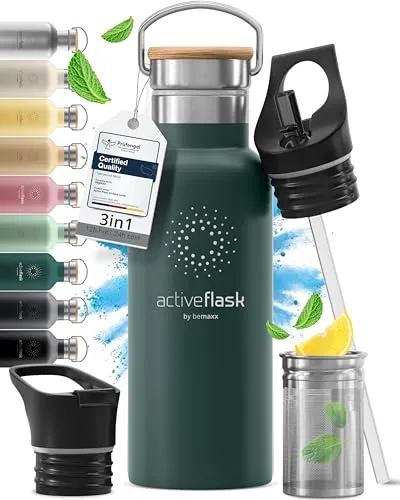Produktbild Trinkflasche Edelstahl mit Strohhalm, Infuser + 3 Deckel