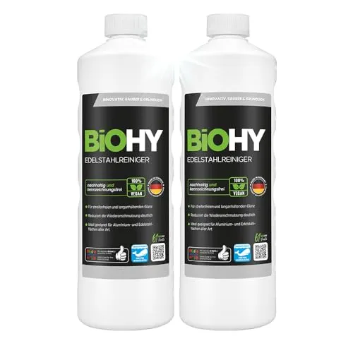 BiOHY Edelstahlreiniger (2 x 1 Liter) | Streifenfreier Glanz für Küche & Grill - Effektiver Edelstahlreiniger für strahlende Oberflächen in Küche und Gastronomie. Die spezielle Formel entfernt Ablagerungen und sorgt für langanhaltenden Glanz – ideal für den täglichen Einsatz.