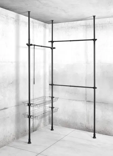WENKO Teleskop-System Herkules Duo - Drohnen Zubehör: Flexibles Ordnungssystem mit 3 Kleiderstangen und 2 Ablagekörben, ausziehbar von 165-300 cm, ideal für variierende Raumgrößen.