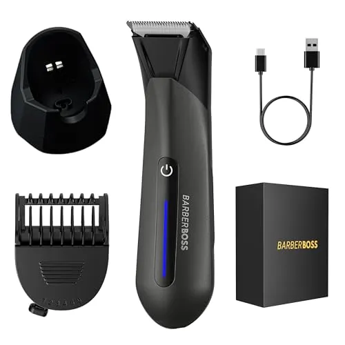 BarberBoss Intim und Körperhaartrimmer für Männer, wasserdichter Hodenrasierer, Trimmer mit Keramik-Titan-Klinge, verstellbarem Kammaufsatz, LED-Licht, Intimpflege-Set für Männer (Schwarz)