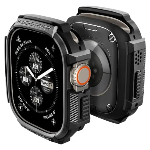 Spigen Rugged Armor Hülle für Apple Watch Ultra 4/3/2/1 49mm | Robuste TPU-Hülle mit Carbonfaser-Design, erhöhtem Rahmen und präzisen Aussparungen, für Modelle von 2026–2022 - Mattschwarz