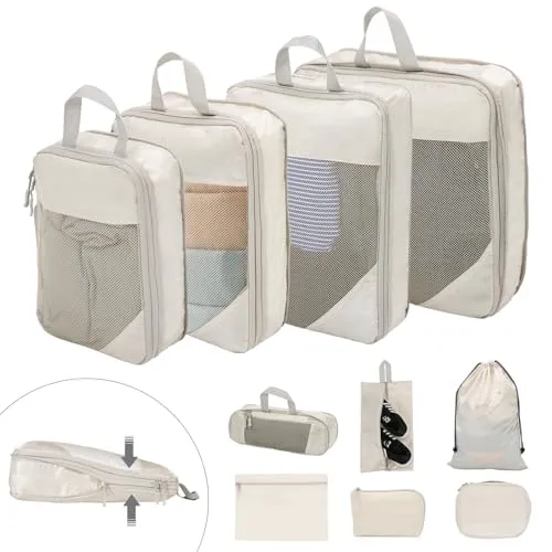 BillyBath Koffer Organizer set 10-teilig, Packing Cubes, Kleidertaschen Schuhbeutel Reiseorganizer Packwürfel Kosmetik Travel Organizer Packtaschen für Koffer (Beige)