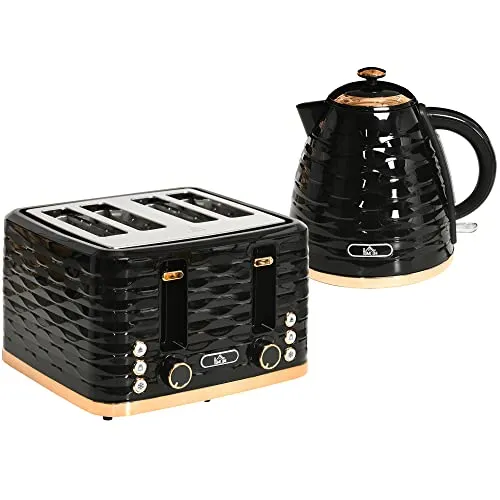 HOMCOM Wasserkocher Toaster Set - Elegantes Frühstücks-Set - Wasserkocher & Toaster Set mit 1,7L Wasserkocher und 4-Scheiben Toaster, 2200 W, 7 Bräunungsstufen für perfekten Toast und Teegenuss. Stilvolles Design mit Chromakzenten und einfache Reinigung durch Krümelfach.