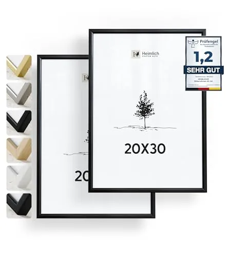 Heimlich® - Bilderrahmen - 20x30 cm, Aluminium-Metall, Schwarz, 2er-Pack - Kleiner Rahmen für Urkunden und Zertifikate mit Folienabdeckung - Zur Wandmontage oder Tischmontage
