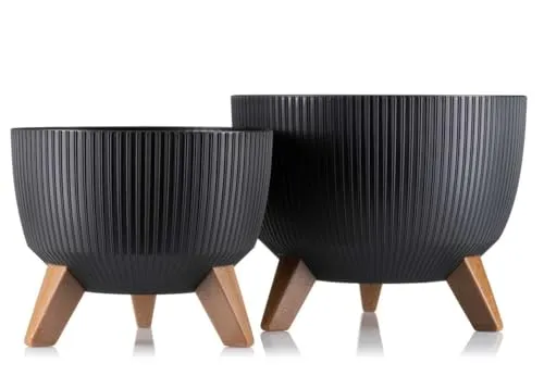 HowHomely 2X Schwarz Blumenkübel | Deko Blumentopf mit 3 Beinen | Langlebige Übertopf für Wohnzimmer oder Garten | Set aus 2 Blumenübertopf (18x29cm & 15x24cm)