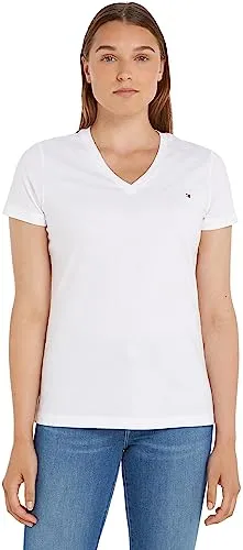 Tommy Hilfiger Damen T-Shirt Kurzarm Heritage V-Ausschnitt, Weiß (Classic White), XL - T-Shirts für Damen – Lässiges Kurzarmshirt aus 100% Baumwolle für optimalen Komfort und eine schmeichelhafte Passform, perfekt für Freizeitlooks.
