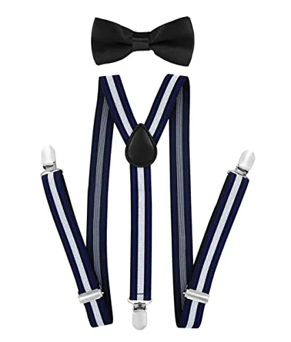 axy Kinder Jungen Hosenträger-Y Form 2,5cm breit mit Fliege - 3 Stabile Clips für Kinder 7-12 Jahre alt (Streifen Nr.7)