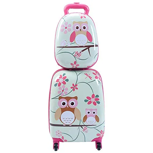 DREAMADE 2 TLG. Kinderkoffer & Rucksack, 16” +12” Kinderkofferset, Kindertrolley Kindergepäck, Handgepäck Reisegepäck Hartschalenkoffer für Kinder (Eulen, 16 Zoll +12 Zoll)