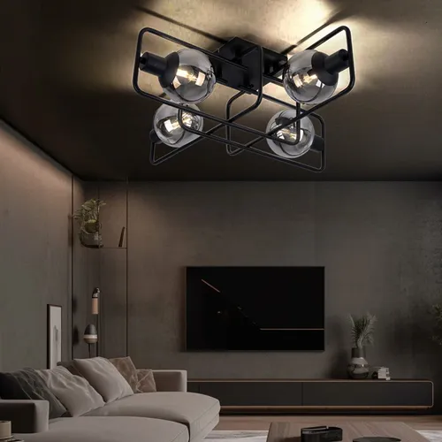 Industrielle Deckenleuchte schwarz mit rauchfarbenen Glaskugeln, 4-flammig - Moderne Deckenleuchte aus Metall und Glas, 4 E14 Fassungen für individuelle Lichtgestaltung. Perfekt für Wohnzimmer mit stilvollem Retro-Design.