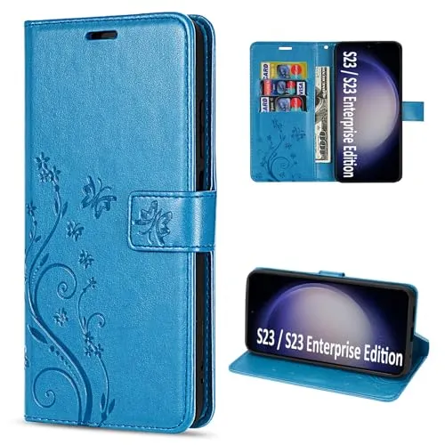 Hülle Kompatibel mit Samsung Galaxy S23 | Premium PU Leder Handyhülle Wallet Case für Galaxy S23 | Schutzhülle Blumen Klapphülle Handyhülle | Blau