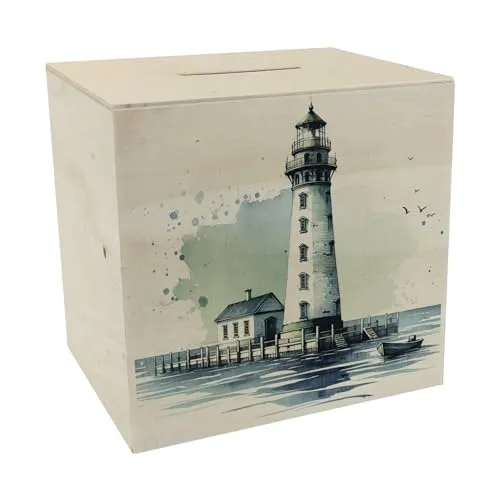 Leuchtturm an der Küste Spardose aus Holz Maritimes Flair für Zuhause Wasser Meer Ufer Motiv Nautisches Signal-Design Perfekt für Marine Navigation Fans