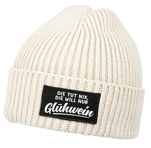 MoonWorks® Damen Beanie mit Patch Strickmütze mit Spruch Die TUT nix, die Will nur Glühwein Aufdruck Lustig Damenmütze Beige Unisize
