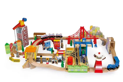 small foot Holzeisenbahn Set Hafen, 100-teilig - Züge & Straßenbahnen, kreatives Spielset mit vielfältigem Zubehör für spannende Abenteuer und ideale Erweiterung bestehender Bahnen.