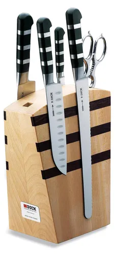 F. DICK Messerblock mit 5 Messern und Küchenschere - Küchenmesser-Set mit hochwertiger X50CrMoV15 Stahllegierung, inklusive Santoku, Koch- und Officemesser sowie Küchenschere. Exklusive Buchenholzoptik und stabile Magnethalterung für stilvolle Aufbewahrung.