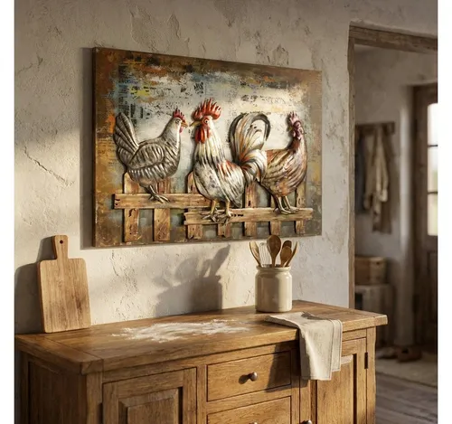 Antikas Wanddekoobjekt 3D Metallbild Hahn aus Eisen, lackiert, H.80 cm - Stilvolle Wanddekoration im Querformat, aus hochwertigem lackiertem Eisen gefertigt. Ein Blickfang für jedes Zuhause!
