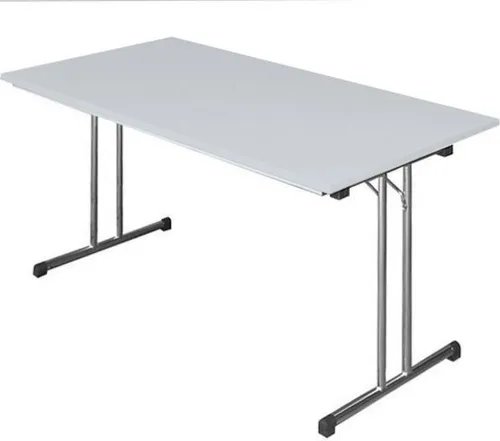 Klapptisch T-Fuß 750 x 1600 mm - Chrom/Lichtgrau - Kinderschreibtisch mit verchromtem T-Fuß-Gestell, pflegeleicht und stapelbar. Ideal für flexible Raumnutzung und einfach zu verstauen.