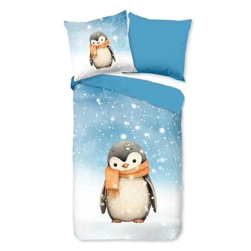 Traumschlaf Flanell Bettwäsche Pinguin 135x200 cm - Bettwäsche-Set mit flauschigem Pinguin-Motiv, perfekt für kuschelige Winternächte – temperaturausgleichend und atmungsaktiv für besten Schlafkomfort.