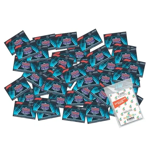 Bundle mit Topps - Turbo Attax Formel 1 2023-100 Verschiedene, zufällige Karten + Exklusive Collect-it Hüllen
