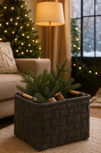 Kobolo Filzkorb für Kaminholz - Dunkelgrau 41x33x30 cm - Aschesauger und mehr – Praktischer Filzkorb für Kaminholz, Zeitungen und mehr. Mit stabilem Design und Holzgriffen für einfachen Transport.