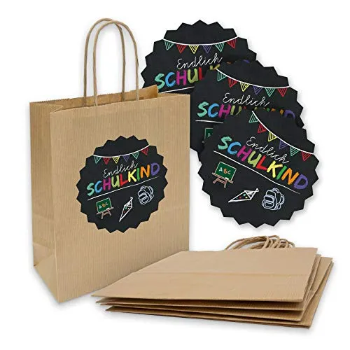 itenga SET 10x Geschenkverpackung Einschulung Geschenktüte aus Papier inkl. Sticker Aufkleber Endlich Schulkind Tafel rund