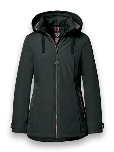 District Winterjacke Ischgl für Damen, schwarz, Größe 38 - Kuschelige, wasserabweisende Winterjacke mit warmer Fütterung für optimalen Tragekomfort. Verstellbare Kapuze, elastische Bündchen und praktische Reißverschlusstaschen bieten zusätzlichen Schutz und Funktionalität.