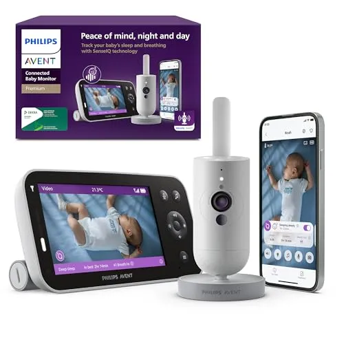 PHILIPS Avent Premium Connected Videophone SCD973/26 - Babyphone mit KI-unterstütztem Schlaf- und Atmungs-Tracking, 5-Zoll-HD-Bildschirm, kristallklare Nachtsicht und sichere Verbindung für mehr Sicherheit und Komfort für dein Baby.