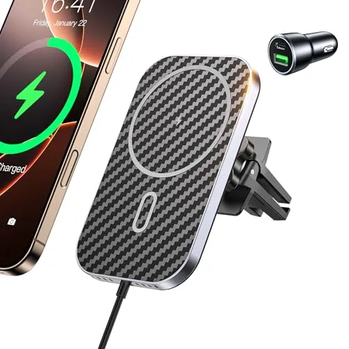 15W für Mag Safe Autohalterung mit Ladefunktion, Mag-Safe Ladegerät Auto Lüftung Wireless Car Charger KfZ Magnet Handyhalterung für i-Phone 16 15 14 13 12 Pro Max Mini Plus, mit Adapter (Kohlefaser)