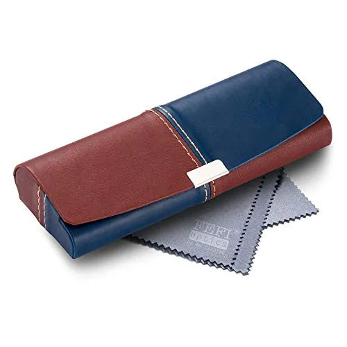 FEFI Zweifarbiges Hardcase Brillenetui in Leder-Optik mit Chrom-Applikation - inklusive hochwertigem Brillenputztuch/Mikrofasertuch (Blau/Braun)