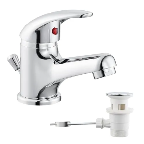 Tayqwiheva Wasserhahn Bad mit Zugstange,Einhebel-Waschtischarmatur mit Ablaufgarnitur,Mini Waschbecken Armatur Einhandmischer Badarmatur Mischbatterie Waschtischmischer für Badezimmer Gäste WC, Chrom