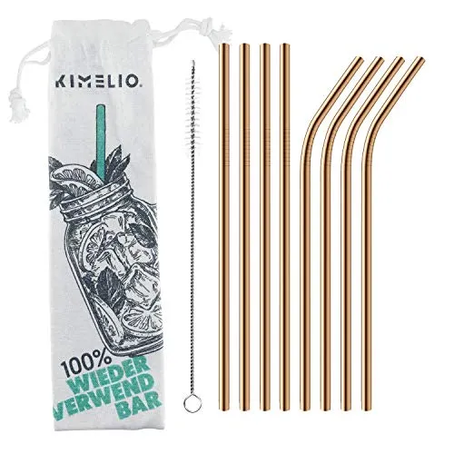 KIMELIO 304 Edelstahl Strohhalme [8 Dünne Wiederverwendbar + Reinigungsbürste & Baumwollbag] Cocktail Trinkhalme, Umweltfreundlich, BPA Frei, Rosé Gold