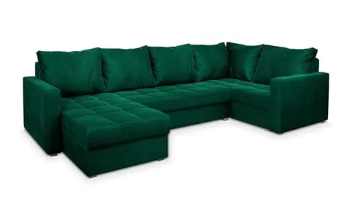 Masseno Ecksofa LORIVO U-Form mit Schlaffunktion - Sofa mit Bettkasten in grün, ideal für kleine Räume und Gästeübernachtungen.