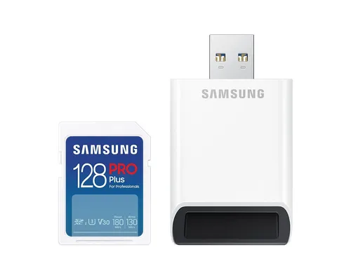 SAMSUNG SDXC-Speicherkarte PRO Plus 128GB mit USB-Kartenleser - Speicherkarten, High-Speed Übertragung mit bis zu 100 MB/s, ideal für Foto- und Videoprofis.