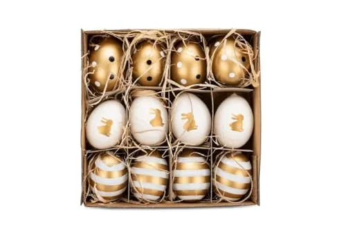 NaDeco Hühnereier, bemalt, 12 Stück, mit Hänger, in vielen Farben & mit verschiedenen Motiven erhältlich | Deko-Ostereier | Schöne Osterdeko zum Aufhängen, Farbe:Gold mit Motiven