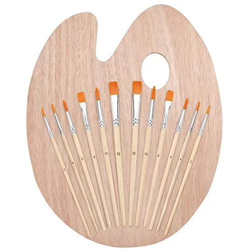 Kurtzy Pinselset mit Mischpalette aus Holz (12 Pinsel), Malpinsel Set mit Ovaler Holz Palette - Malpinsel Künstlerpinsel für Wasserfarben, Acrylfarben, Ölfarben – Malerei Aquarelle, Leinwand, Keramik