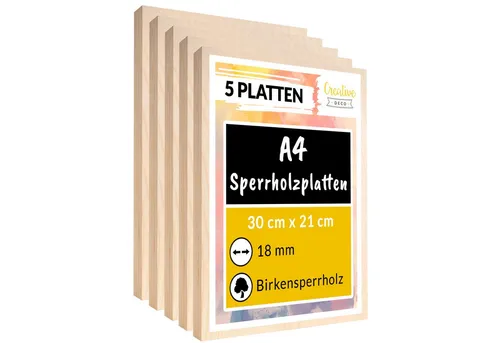 Creative Deco Bastelnaturmaterial A4 Sperrholzplatte 18 mm, 300 x 210 (0,5) mm, Birkensperrholz, (5-tlg), Perfektes Blatt für Laubsäge, Brandmalerei, Laserschnitt, CNC Router
