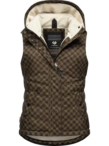 Ragwear Damen ärmellose Outdoorweste Hesty Print YOUMODO Brown - Funktionsjacke mit abnehmbarer Kapuze, wasserdicht (8.000 mm) und atmungsaktiv (5.000 g/m²/24h) – ideal für kalte Wintertage und modisch kombinierbar.