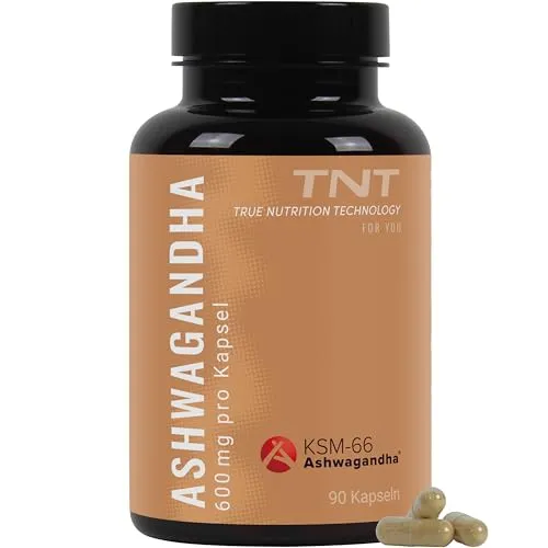 TNT Ashwagandha Kapseln – 90 Kapseln mit 600mg KSM-66® - Ashwagandha Kapseln, vegan und laborgeprüft, mit 600mg hochreinem KSM-66® pro Tagesdosis. Unterstützt Stressbewältigung und ist ideal für einen aktiven Lebensstil.