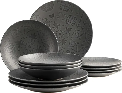 MÄSER Tafelservice 12-tlg. SCHWARZ - Tradition trifft Moderne - Hochwertiges 12-teiliges Steinzeug-Tafelservice mit edlem mattschwarzem Finish und traditionellem Azulejo-Dekor. Mikrowellen- und spülmaschinengeeignet, ideal für stilvolle Mahlzeiten.