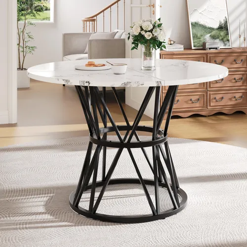 Runder Esstisch (100×100×76cm), Küchen-Esstisch, runder Couchtisch für 4 Personen, geeignet für Esszimmer, Wohnzimmer, stilvolle Tischbeine aus Metall, Tischplatte aus MDF-Marmor, schwarz