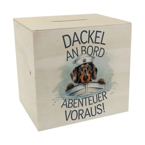 Matrosen Dackel im Boot Spardose aus Holz - Abenteuer voraus Lustige Maritime Sparbüchse für Tierfreunde