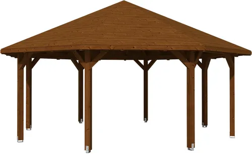 Skanholz Holzpavillon Nice 4, Achteckig aus Leimholz, 546 x 546 cm - Gartenlaube aus hochwertigem Nussbaumholz, ideal für entspannte Stunden im Garten mit einer großzügigen Grundfläche von 32,78 m² und stabiler Dachschalung.